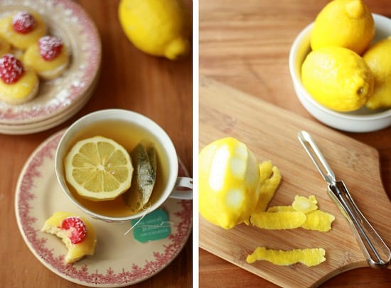 Left side is a cup of tea and cookies on a plate, right side is a lemon being zested on a cutting board
