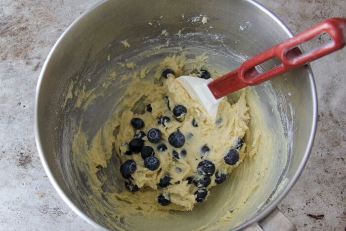Blueberry cookie dough after blueberries are folded in. 