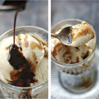 Left side: Guinness syrup poured over ice cream, right side: Spoon scooping out ice cream