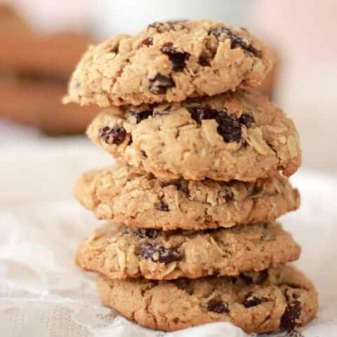 Oatmeal and Spiced Rum Raisin Cookies stacked on top of each other
