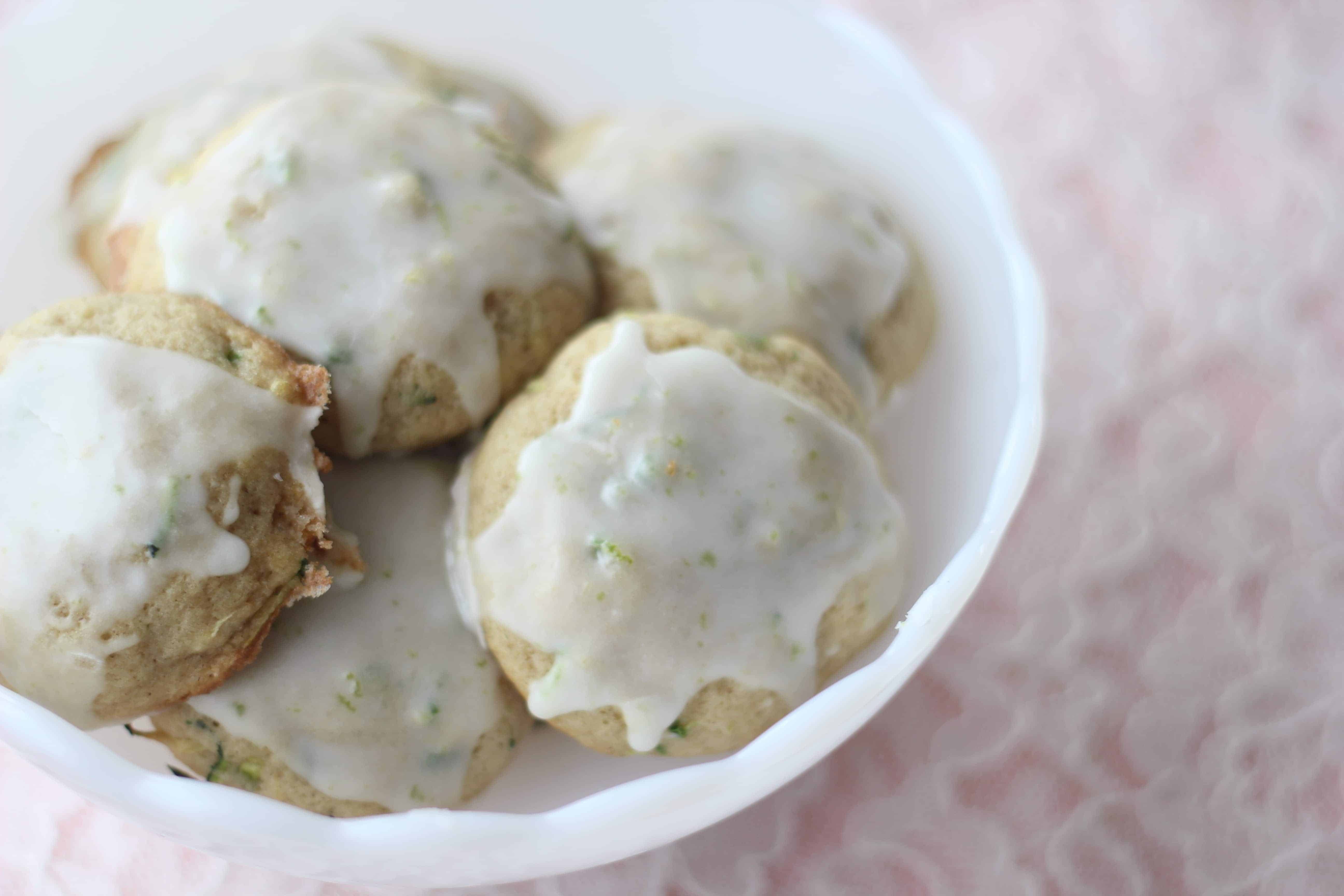 Zucchini and Jalapeno Cookies with Sweet Lime Glaze in a candy dish