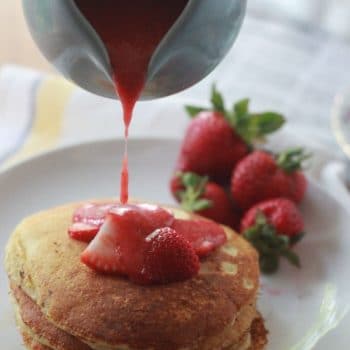 Strawberry Pancakes topped with strawberry sauce