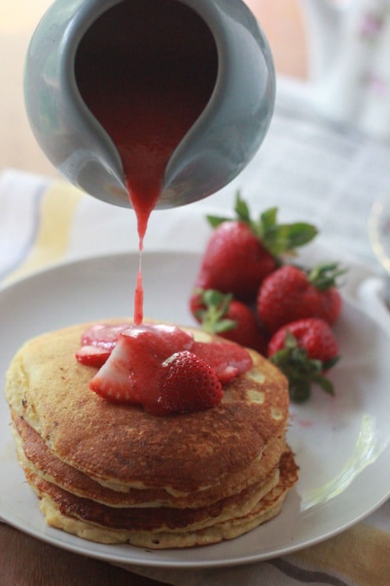 Strawberry Pancakes topped with strawberry sauce