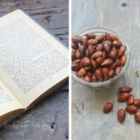 Left side photo is a book, right side photo are Sweet and Spicy Smoked Almonds in a jar