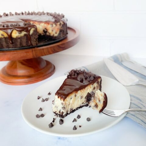 A slice of chocolate chip cheesecake
