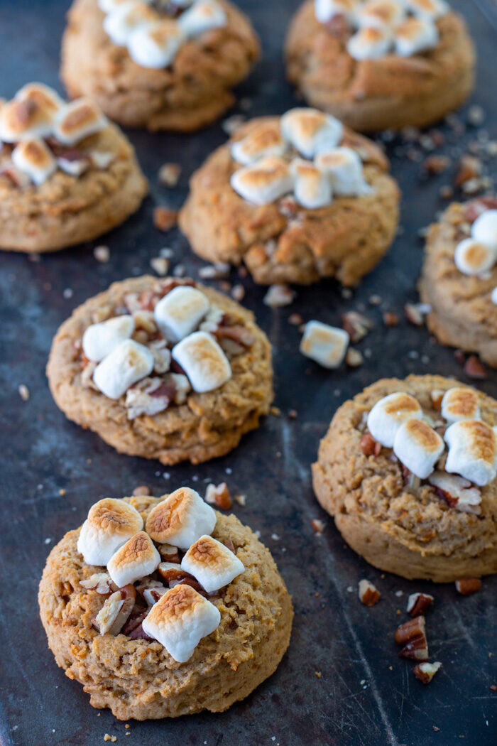 Sweet potato cookies topped with pecans and toasted marshmallows lined up on a baking sheet