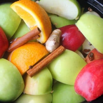Apple and orange slices, cinnamon stick and other spices in the crockpot before being cooked