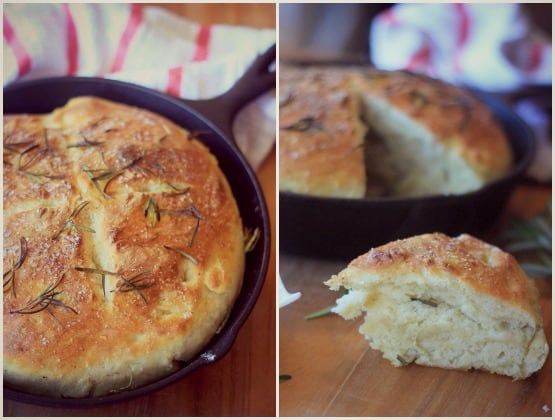 No-Knead Skillet Bread in a cast iron and a slice taken out