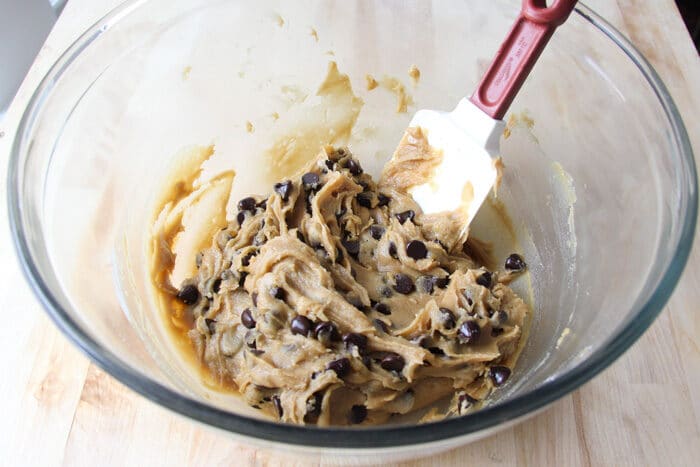 Chocolate chip cookie layer being mixed for the brookies