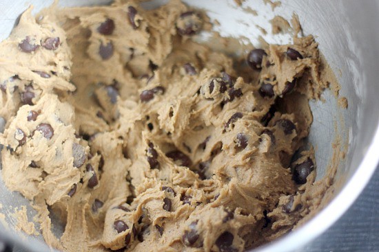 Chocolate Chip Cookie batter in a mixing bowl