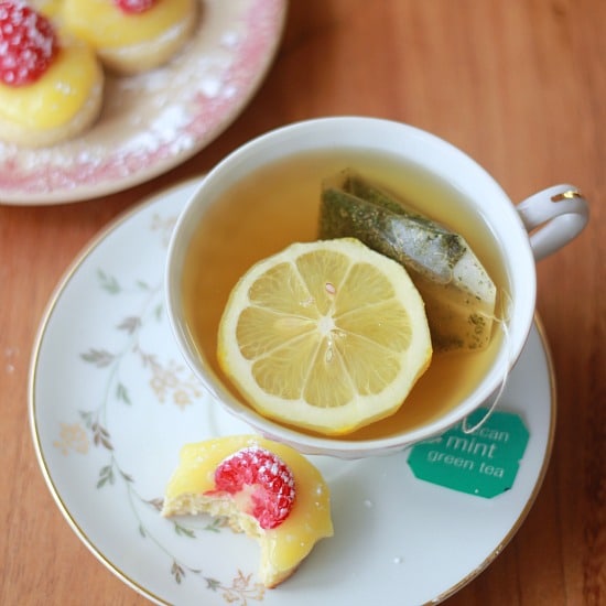 Lemon Curd and Raspberry Tea Biscuits with a cup of tea