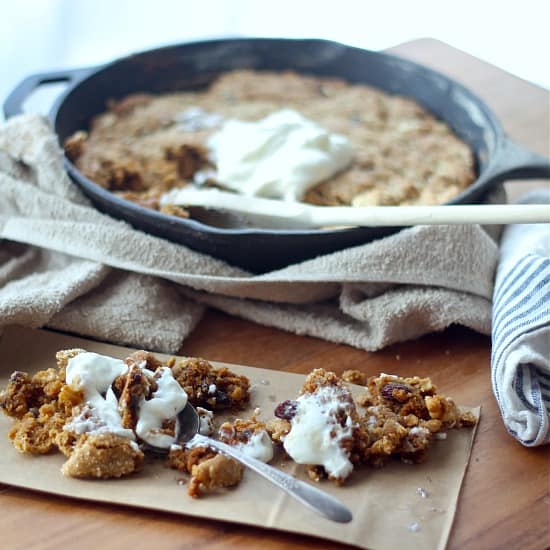 Maple Oatmeal Raisin Skillet Breakfast Cookie with Greek Yogurt