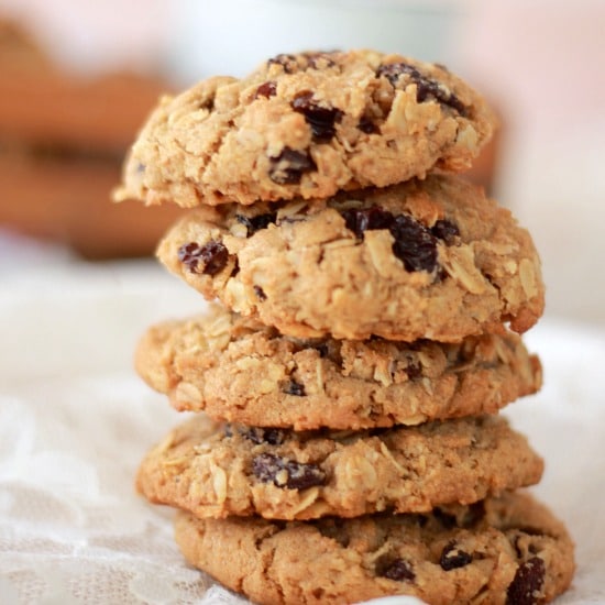Oatmeal and Spiced Rum Raisin Cookies stacked up