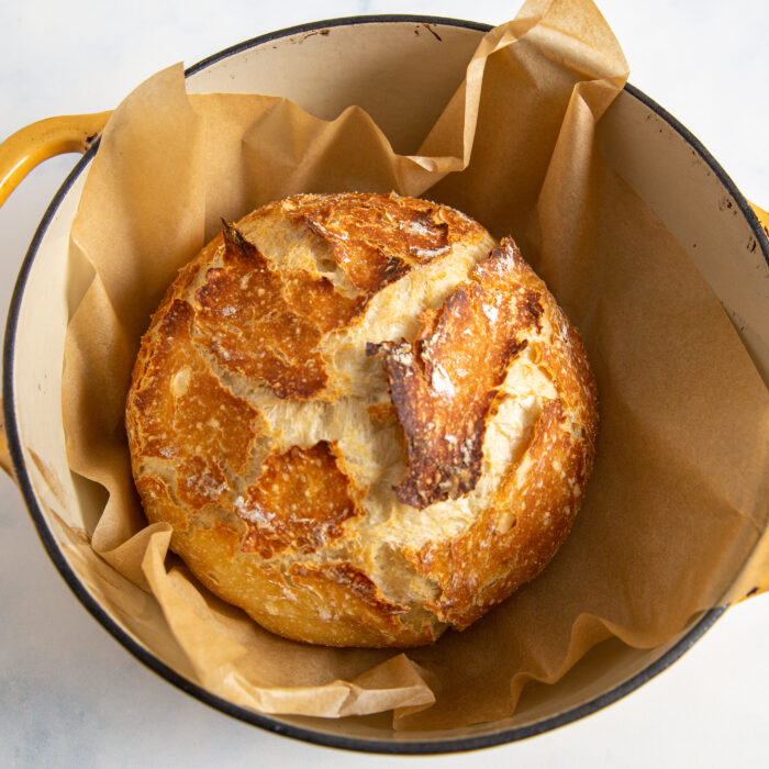 baked boule in a dutch oven
