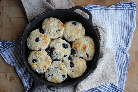 Baked blueberry biscuits in a cast iron skillet