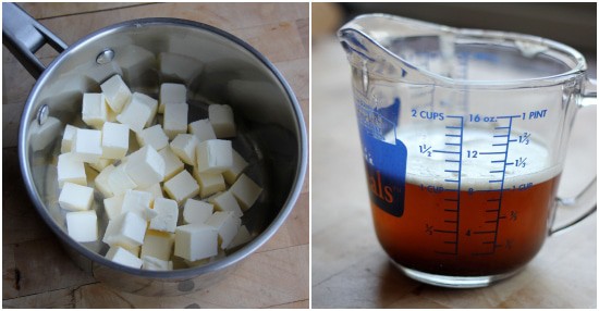 Cubed butter in a pan, browned butter in cup