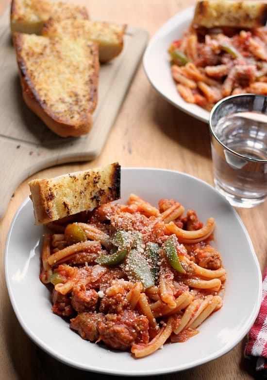 Spicy Sausage Pasta Marinara with Perfect Garlic Bread | Baker Bettie