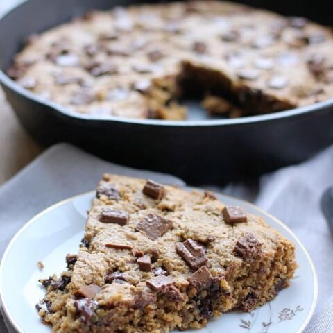 Chocolate Chip Peanut Butter Skillet Cookie slice on a plate