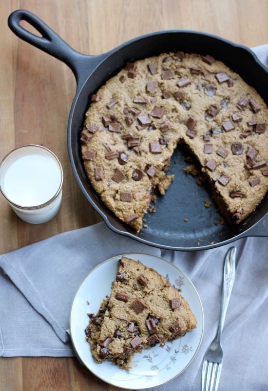 Chocolate Chip Peanut Butter Skillet Cookie slice on a plate