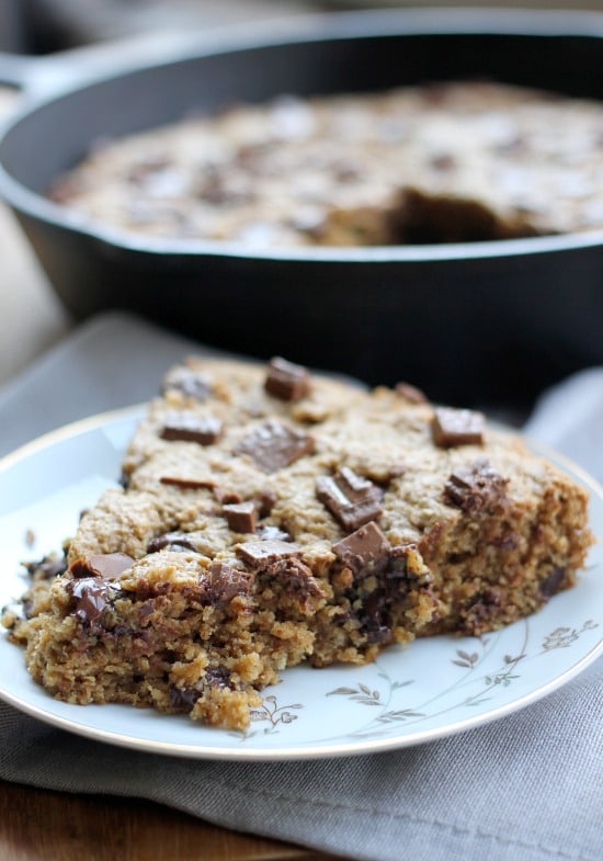 Closeup of the Chocolate Chip Peanut Butter Skillet Cookie slice on a plate