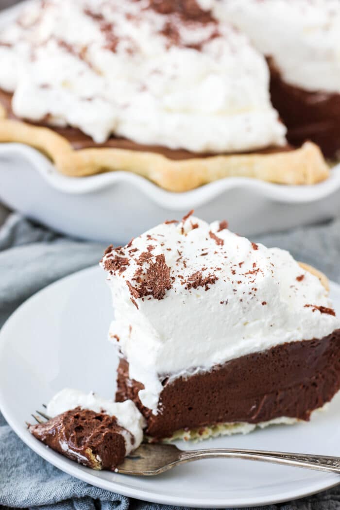 A slice of Chocolate French Silk Pie on a plate