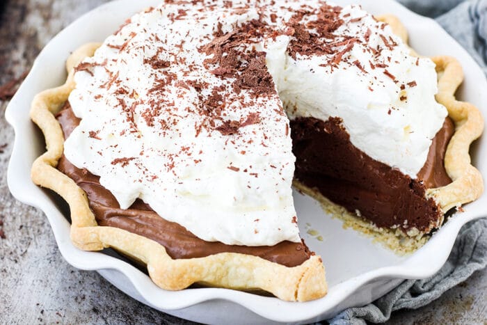 Chocolate French Silk Pie with a slice taken out