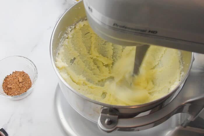 Butter and sugar being creamed for the french silk pie filling