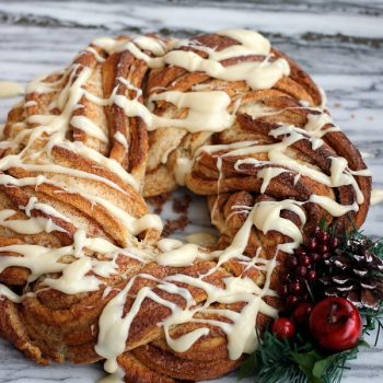 Cinnamon Roll Wreath with glaze on top