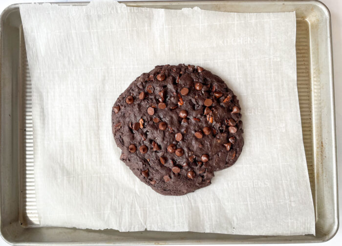 Giant Chocolate Espresso Cookie on a baking sheet right out of the oven