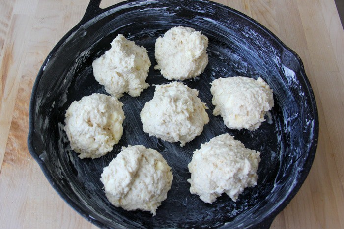 Raw drop biscuits ready to go into the oven.