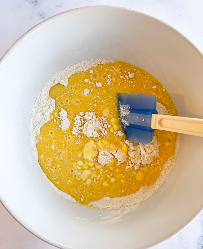 mixing dry and wet ingredients together