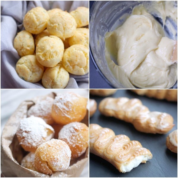 Top left: Sharp Cheddar and Thyme Cheese Puffs (Gougère). Top right: raw pate a choux batter. Bottom left: Pate a Choux Beignets. Bottom Right: Eclairs filled with cream.
