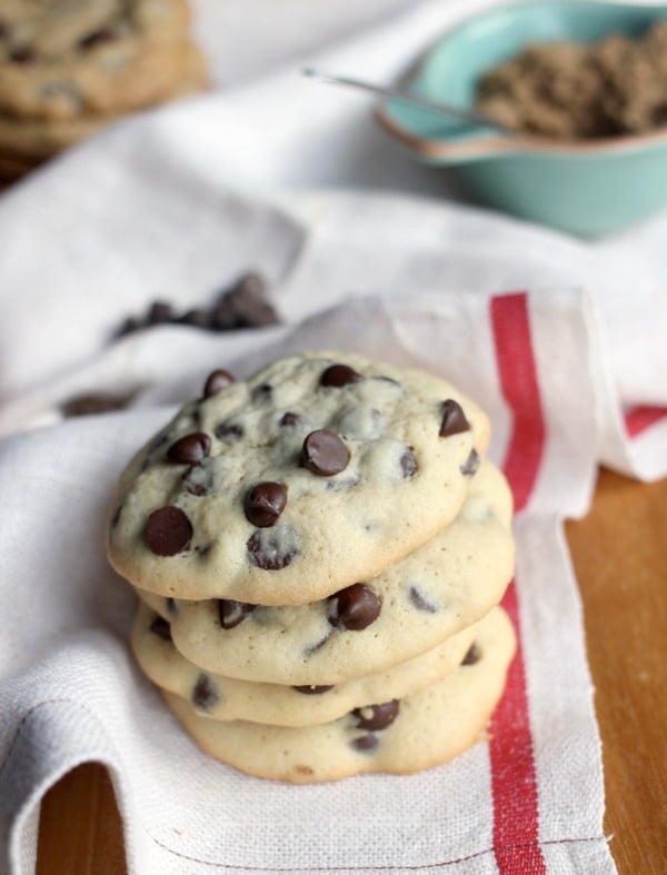 Thick and Cakey Chocolate Chip Cookies stacked up
