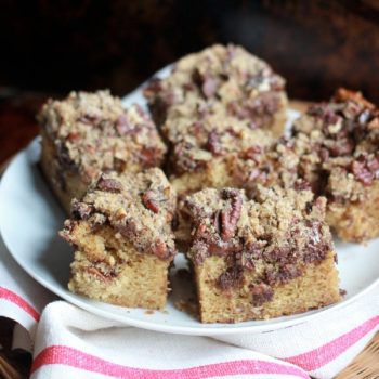 Espresso, Pecan, and Dark Chocolate Coffee Cake cut into squares