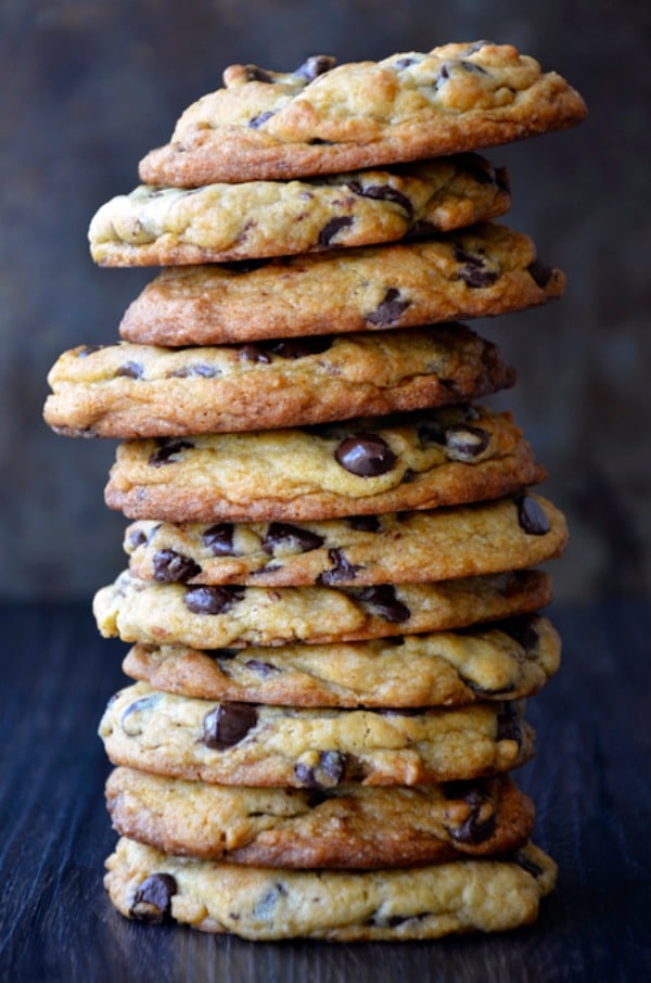 Secret Ingredient Chocolate Chip Cookies stacked up