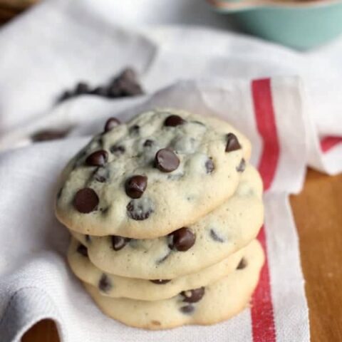 Thick and Cakey Chocolate Chip Cookies stacked up
