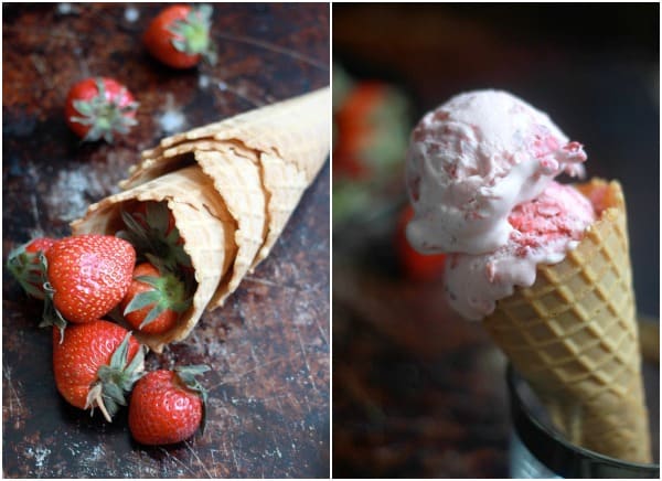 Fresh strawberries and a waffle cone on the left side, ice cream in a waffle cone on the right side