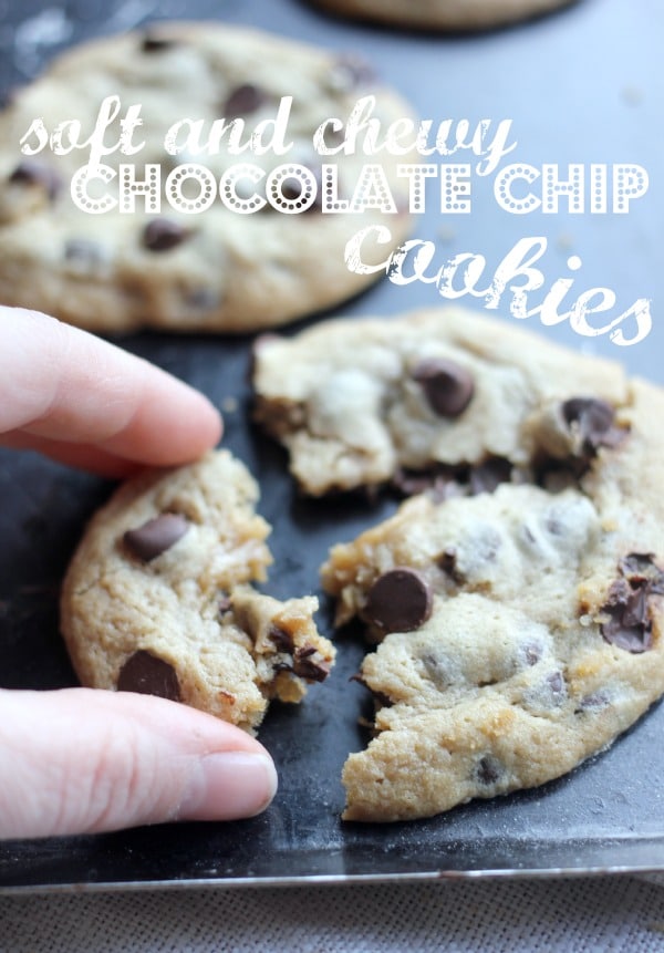 A piece of a Soft & Chewy Chocolate Chip cookie being removed