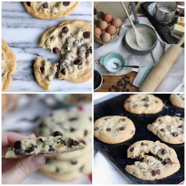Top left: thin and crispy chocolate chip cookies. Top right: raw ingredients spread out. Bottom left: thick and cakey chocolate chip cookies. Bottom right: soft and chewy chocolate chip cookies.