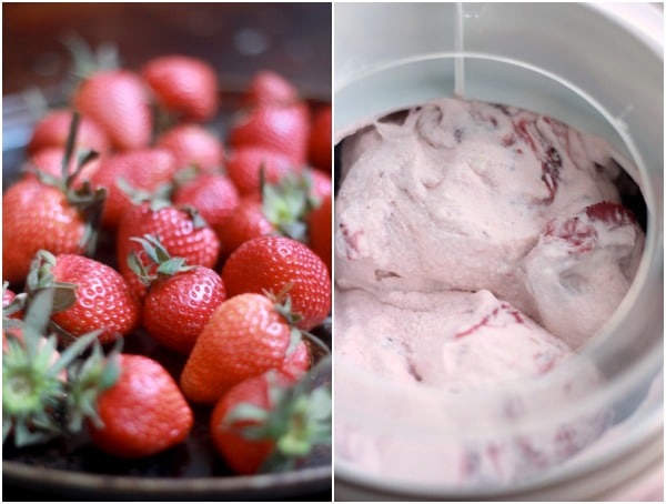 Fresh strawberries on the left side, ice cream being churned in an ice cream maker on the right side
