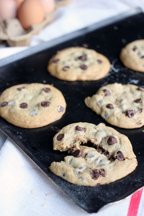 Soft and Chewy Chocolate Chip Cookies on a sheet pan