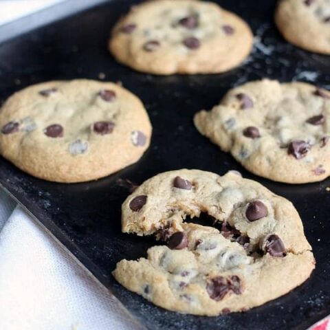 Soft and Chewy Chocolate Chip Cookies on a sheet pan