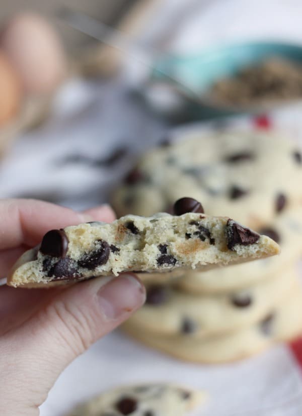 A view of the inside of a Thick and Cakey Chocolate Chip Cookie