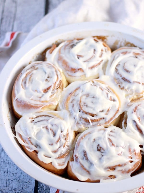Classic Cinnamon Rolls with Cream Cheese Frosting in a baking dish