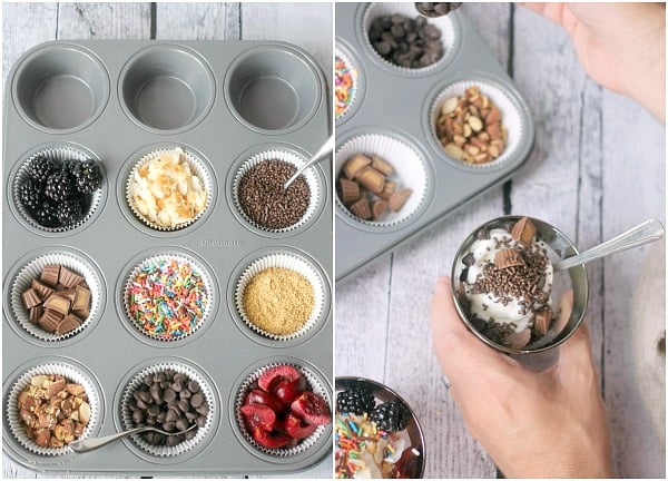 Left side is a muffin tin with all the topping options. Right side is a cup of frozen yogurt topped with chocolate and sprinkles.