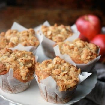 Apple Streusel Muffins on a cake stand