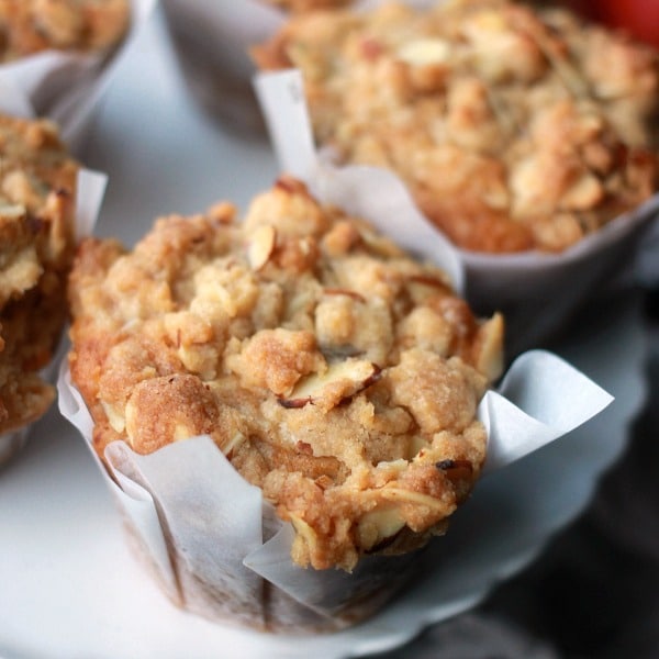 A closeup of an Apple Muffin topped with Almond Streusel
