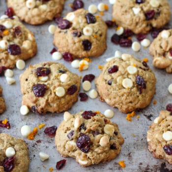 White Chocolate Cranberry Oatmeal Cookies lined up after baked