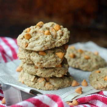 Chewy Oatmeal Scotchie cookies stacked up
