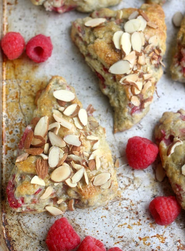 raspberry scones with toasted almonds and buttermilk glaze